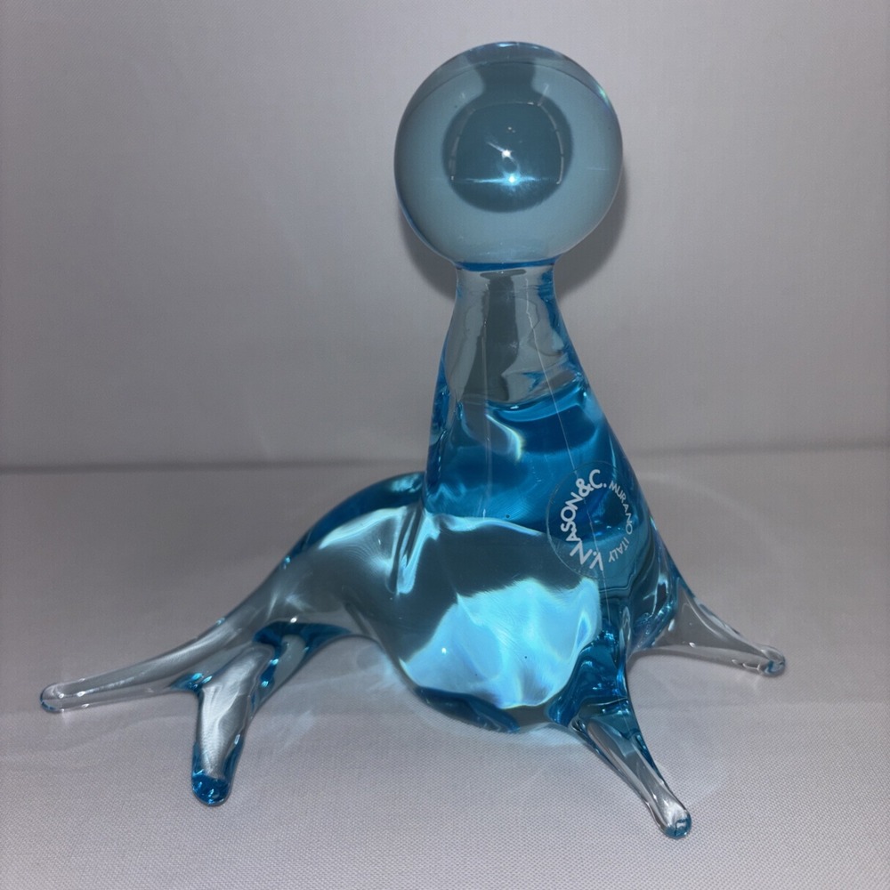 V. Nason Murano Italy Art Glass Aqua Blue Seal With Ball Figurine Paperweight